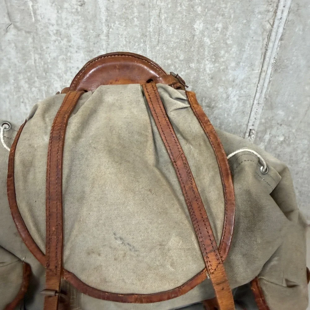 Vintage 50s Military Canvas Rucksack Leather Trim Backpack Olive Drab Norway